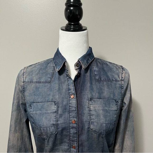 Sandwich Bleached Denim Long Sleeve Snap Front Shirt - Picture 3 of 16